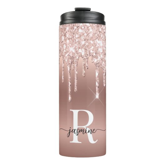 Girly Pink Rose Gold Glitter Drives Ombre Monogram Thermosbeker (Voorkant)