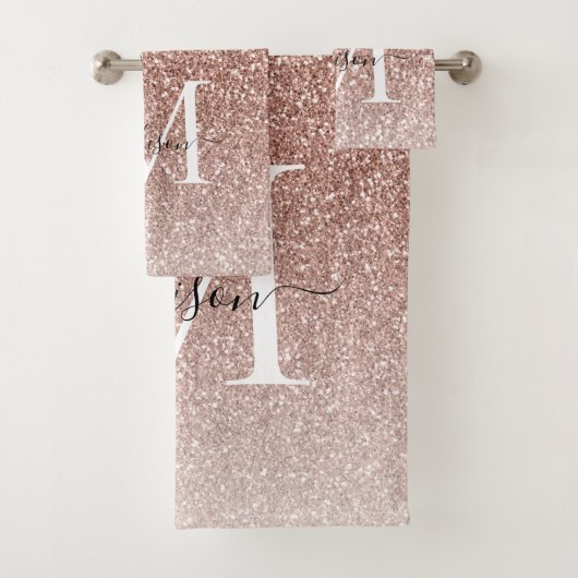 Girly Pink Rose Gold Glitter Glam Monogram Script Bad Handdoek (Insitu)