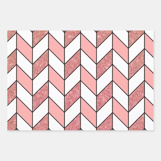 Girly Pink Rose Gold Glitter Herringbone Chevron Inpakpapier Vel (Voorkant)