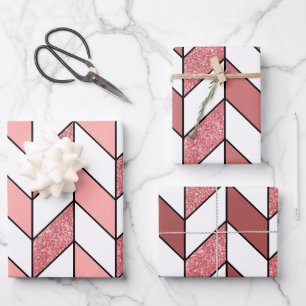 Girly Pink Rose Gold Glitter Herringbone Chevron Inpakpapier Vel