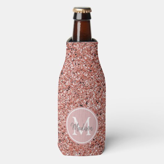 Girly Pink Rose Gold Glitter Monogram Gepersonalis Flesjeskoeler (Fles Voorkant)