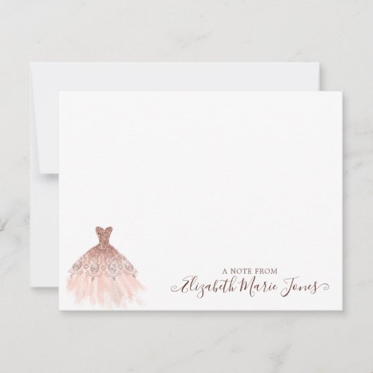 Girly Pink Rose Gold Glitter Sparkle Dress Script Notitiekaartje (Voorkant)