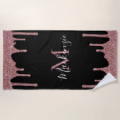 Girly Pink Rose Gold Glitter Sparkle Drips Zwart Strandlaken (Voorkant)