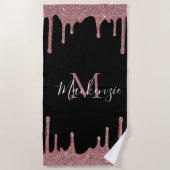 Girly Pink Rose Gold Glitter Sparkle Drips Zwart Strandlaken (Voorkant)