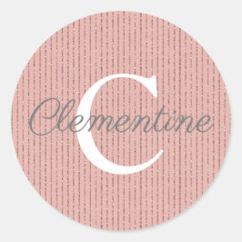 Girly Pink Rose Gold Glitter Stripes Monogram Ronde Sticker