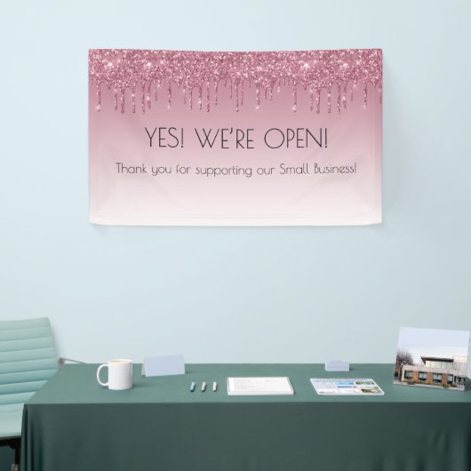 Girly Pink Rose Gold Ja We're Open Faux Glitter Spandoek (Beurs)
