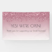 Girly Pink Rose Gold Ja We're Open Faux Glitter Spandoek (Horizontaal)