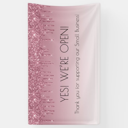 Girly Pink Rose Gold Ja We're Open Faux Glitter Spandoek (Verticaal)