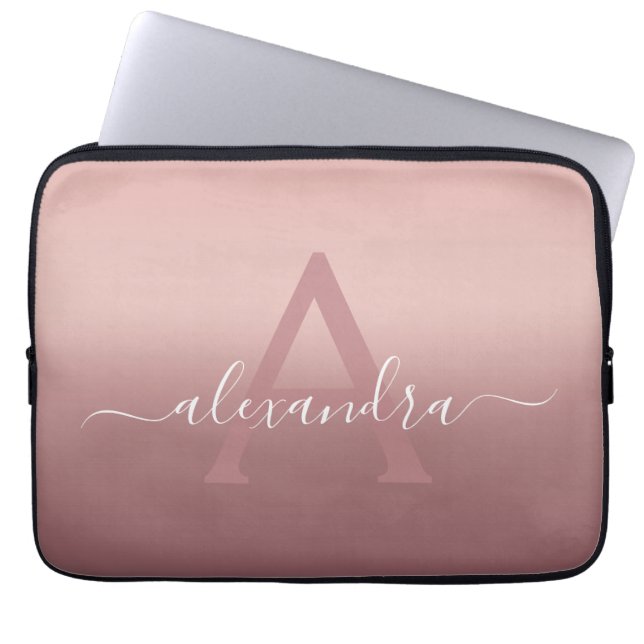 Girly Pink Rose Gold Mongram Ombre Gradient Laptop Sleeve (Voorkant)