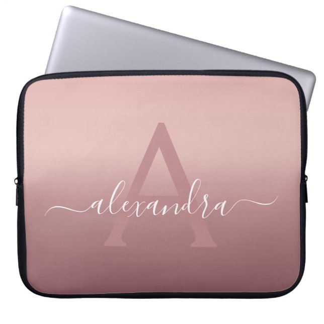 Girly Pink Rose Gold Mongram Ombre Gradient Laptop Sleeve (Voorkant)