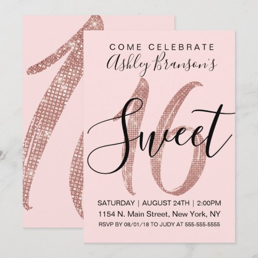 Girly Pink Rose Gold Sequin Glitter Sweet 16 Kaart (Voorkant / Achterkant)