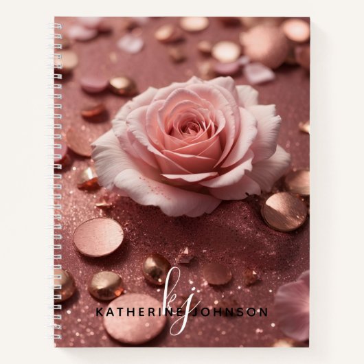 Girly Pink Rose Gold Sparkle Glitter Monogram Naam Notitieboek (Voorkant)