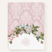 Girly Pink Roses,  Damast en Monogram Notitieboek (Voorkant)
