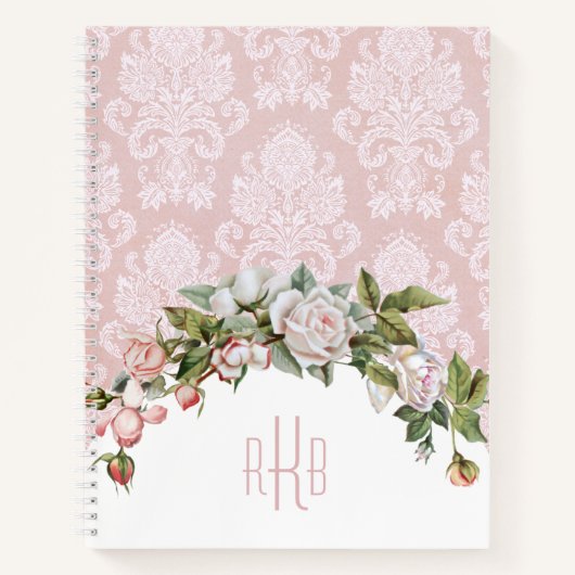 Girly Pink Roses, Damast en Monogram Notitieboek (Voorkant)