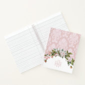 Girly Pink Roses, Damast en Monogram Notitieboek (Binnen)