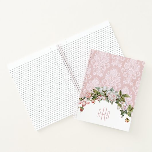 Girly Pink Roses,  Damast en Monogram Notitieboek (Binnen)