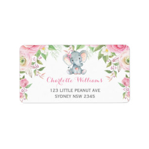 Girly Pink Roses Elephant Return Address Etiket