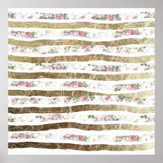Girly Pink Roses en Faux Gold Brusstrokes Poster (Voorkant)