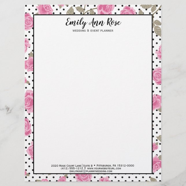 Girly Pink Roses Script Girly Floral Briefpapier Briefhoofd (Voorkant)