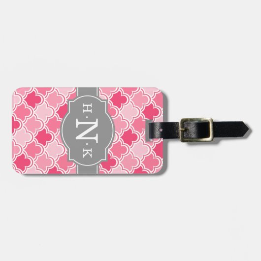 Girly Pink Scallop Pattern Gray Monogram Bagagelabel (Voorkant horizontaal)