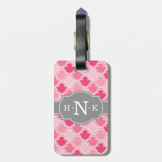 Girly Pink Scallop Pattern Gray Monogram Bagagelabel (Achterkant verticaal)