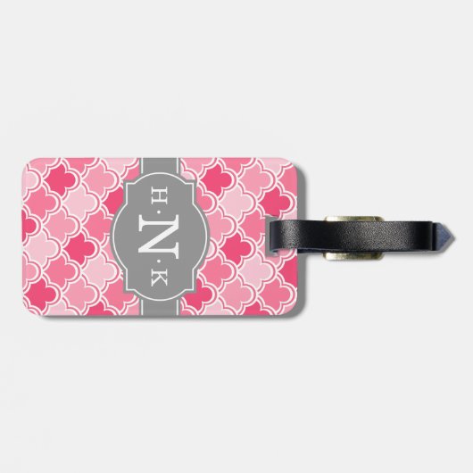 Girly Pink Scallop Pattern Gray Monogram Bagagelabel (Achterkant horizontaal)