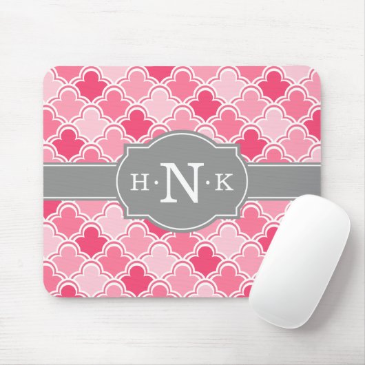 Girly Pink Scallop Pattern Gray Monogram Muismat (Met muis)