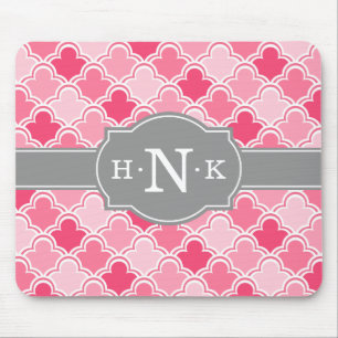Girly Pink Scallop Pattern Gray Monogram Muismat