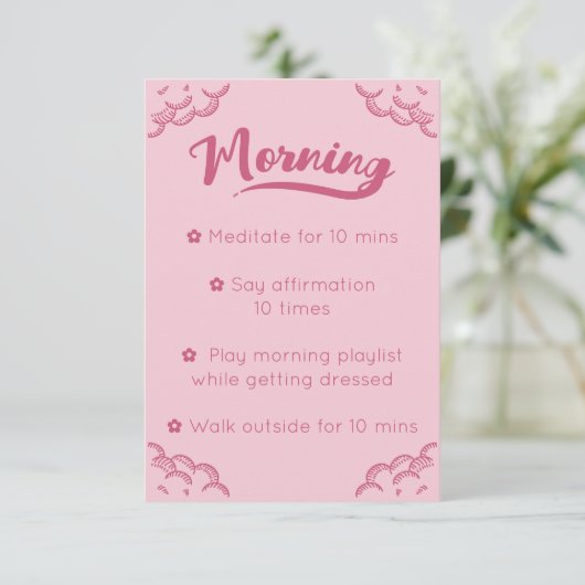 Girly Pink Script Mindful Morning Routine Kaart (Staand voorkant)