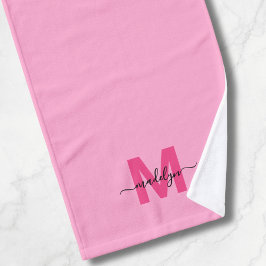 Girly Pink Script Naam Monogram Handdoek