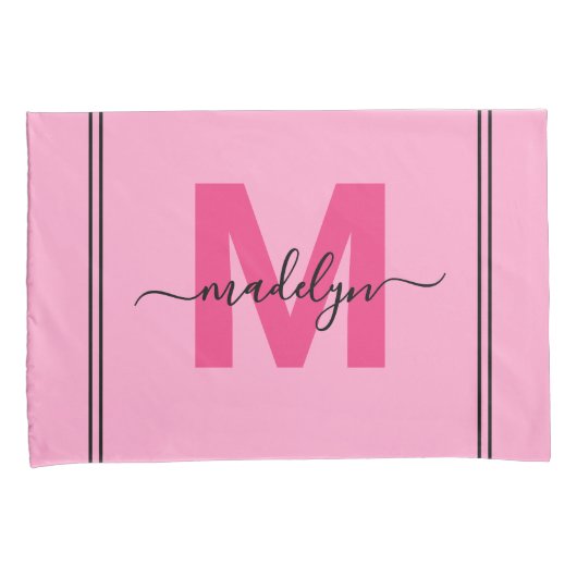 Girly Pink Script Naam Monogram Kussensloop (Voorkant-Rechts)