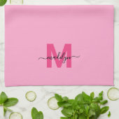 Girly Pink Script Naam Monogram Theedoek (Gevouwen)