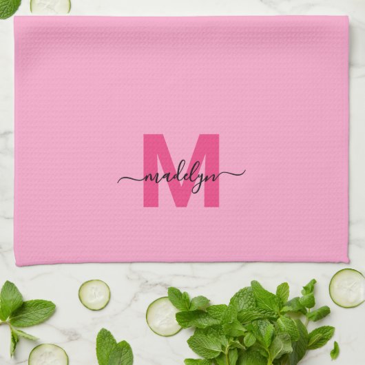 Girly Pink Script Naam Monogram Theedoek (Gevouwen)