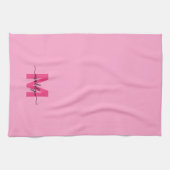 Girly Pink Script Naam Monogram Theedoek (Horizontaal)