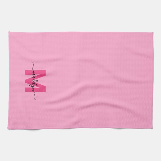 Girly Pink Script Naam Monogram Theedoek (Horizontaal)