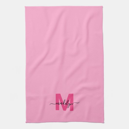 Girly Pink Script Naam Monogram Theedoek (Verticaal)