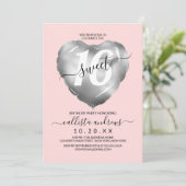 Girly Pink Silver Foil Heart Ballon Sweet 16 Kaart (Staand voorkant)