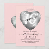 Girly Pink Silver Foil Heart Ballon Sweet 16 Kaart (Voorkant / Achterkant)
