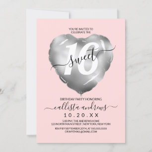 Girly Pink Silver Foil Heart Ballon Sweet 16 Kaart