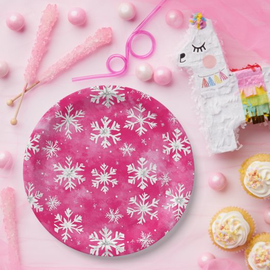 Girly Pink Silver Glam Christmas Snowflakes Papieren Bordje (Feest)
