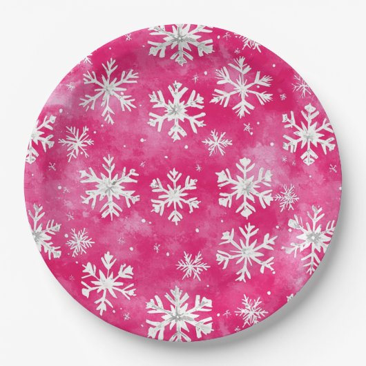 Girly Pink Silver Glam Christmas Snowflakes Papieren Bordje (Voorkant)