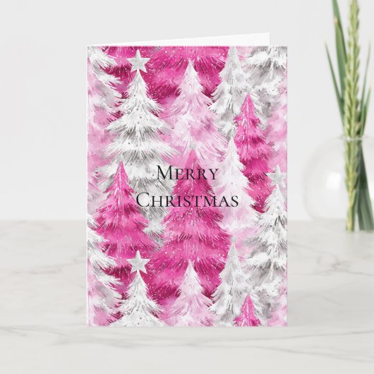 Girly Pink Silver Glam Christmas Trees  Kaart (Voorkant)