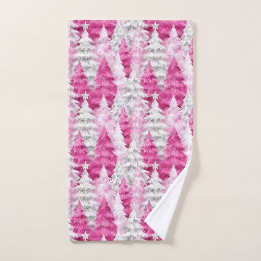 Girly Pink Silver Glam Christmas Trees Stripes Bad Handdoek (Handdoek)