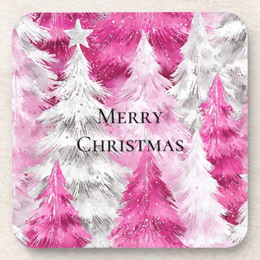 Girly Pink Silver Glam Christmas Trees Stripes Bier Onderzetter (Voorkant)