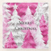 Girly Pink Silver Glam Christmas Trees Stripes Glazen Onderzetter (Voorkant)