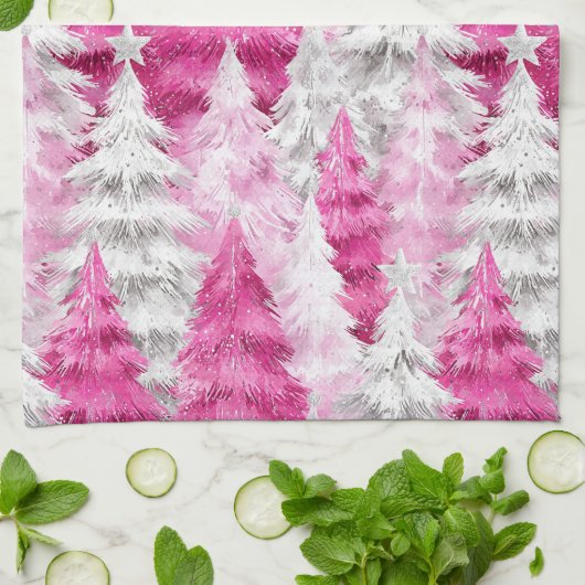 Girly Pink Silver Glam Christmas Trees Stripes Theedoek (Gevouwen)