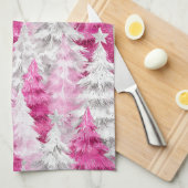 Girly Pink Silver Glam Christmas Trees Stripes Theedoek (Quarter Fold)