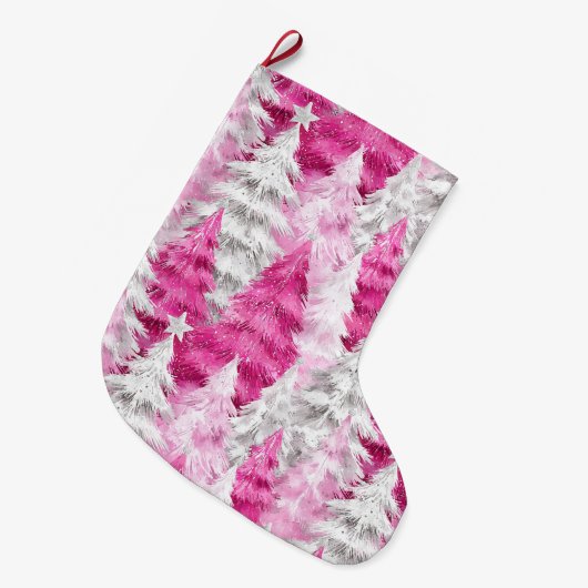 Girly Pink Silver Glam kerstbomen Grote Kerstsok (Voorkant (Hangend))