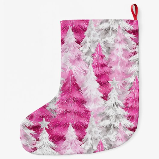 Girly Pink Silver Glam kerstbomen Grote Kerstsok (Achterkant)