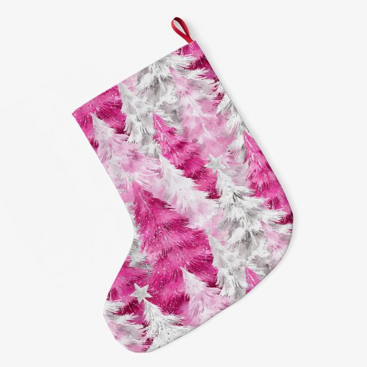 Girly Pink Silver Glam kerstbomen Grote Kerstsok (Achterkant (Hangend))